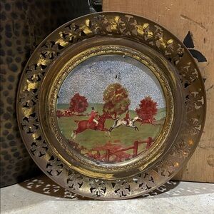 vintage English brass wall hanging plate w/ foil art picture of a fox hunt scene